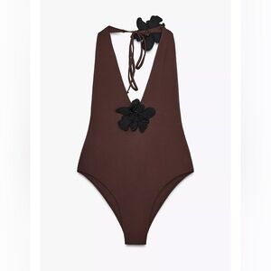 ZARA BROWN FLORAL HALTER SWIMSUIT W FLOWER APPLIQUÉS S NWT